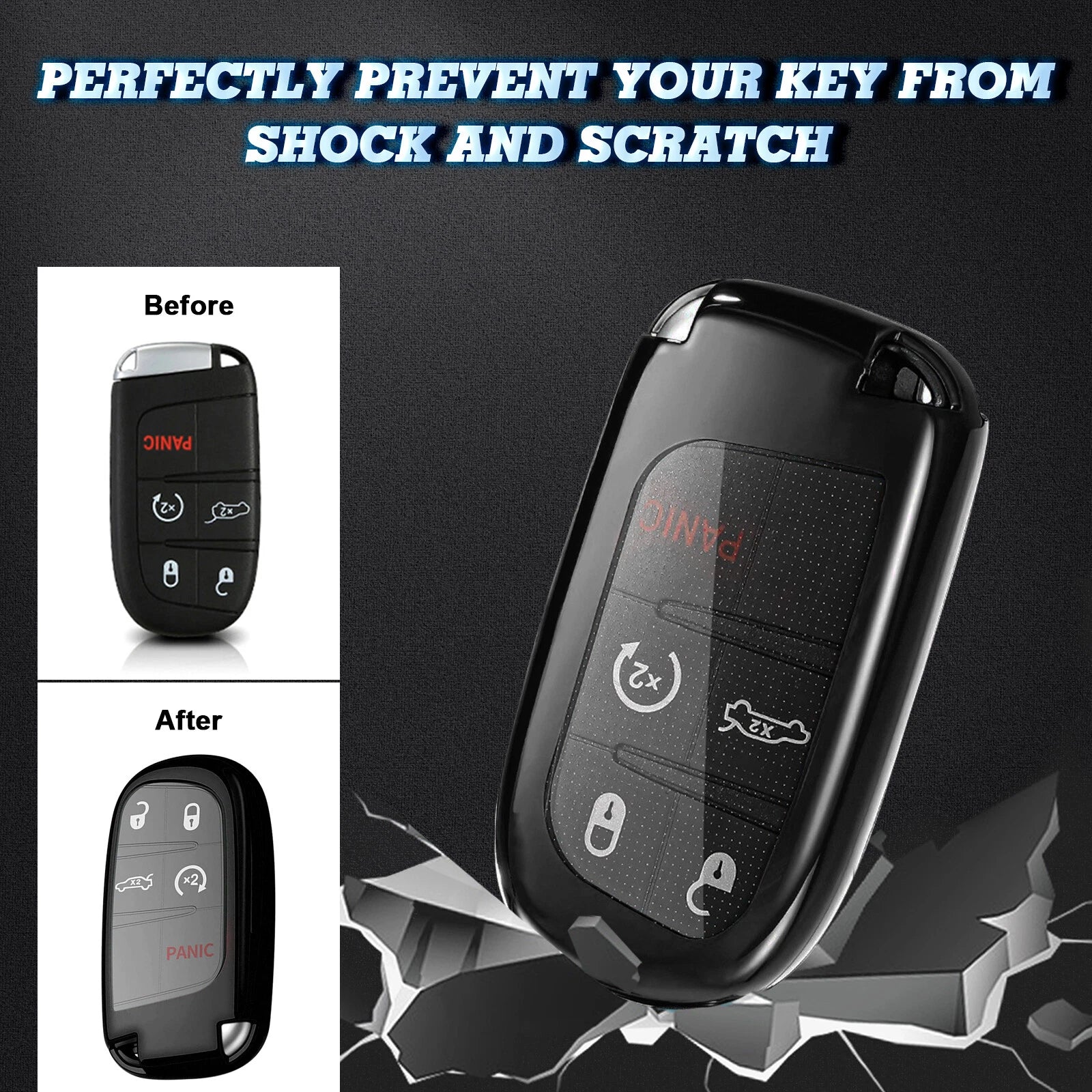 2X Black TPU Full Cover Keyless Entry Key Fob Protector for Jeep (2017-2024)