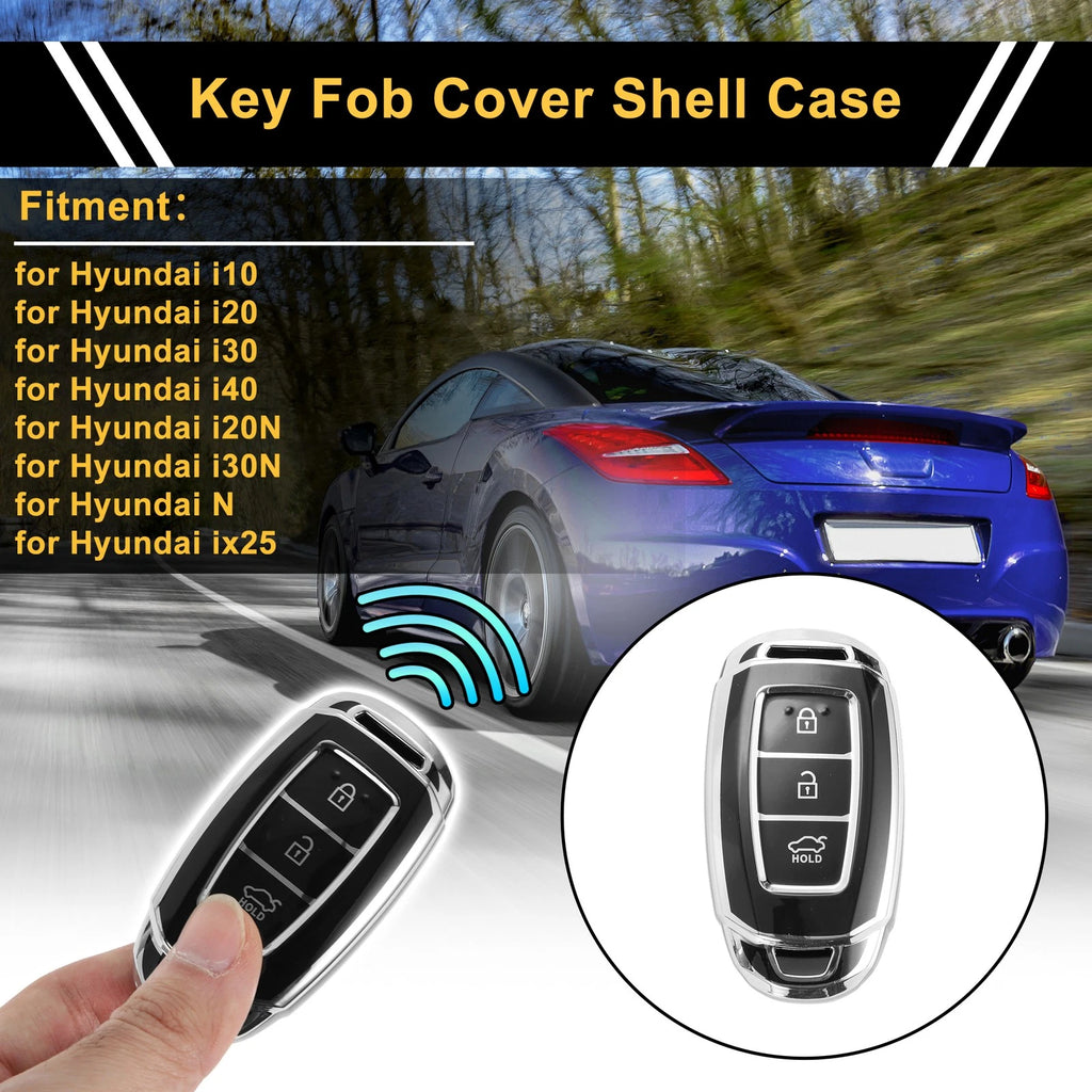 TPU Silicone Car Key Case for Hyundai i10 (2010–2023) - Black/Silver Edge