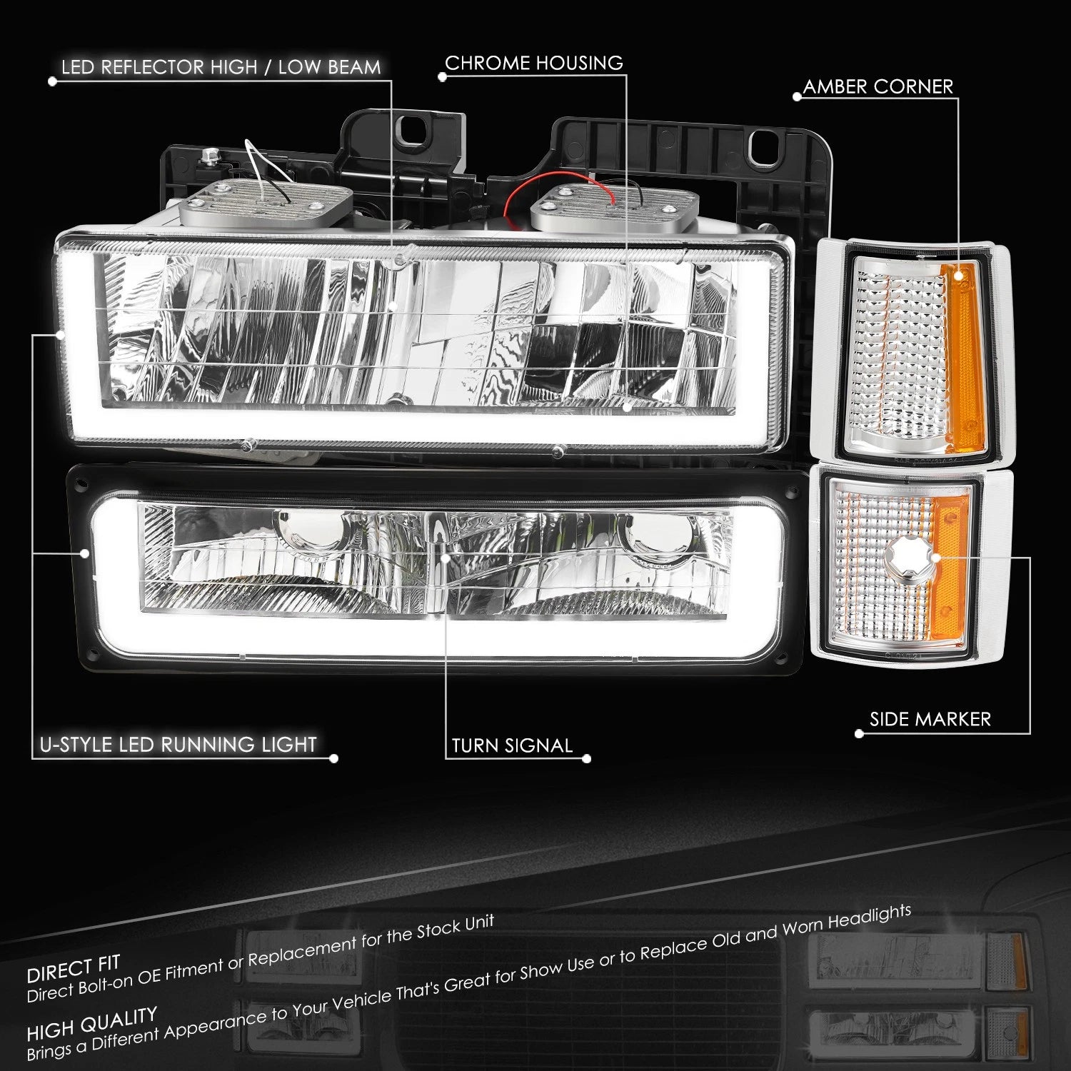 U-LED Headlight + Signal + Amber Corner Lamp for GMC C/K 1500-3500 (1994–2000)