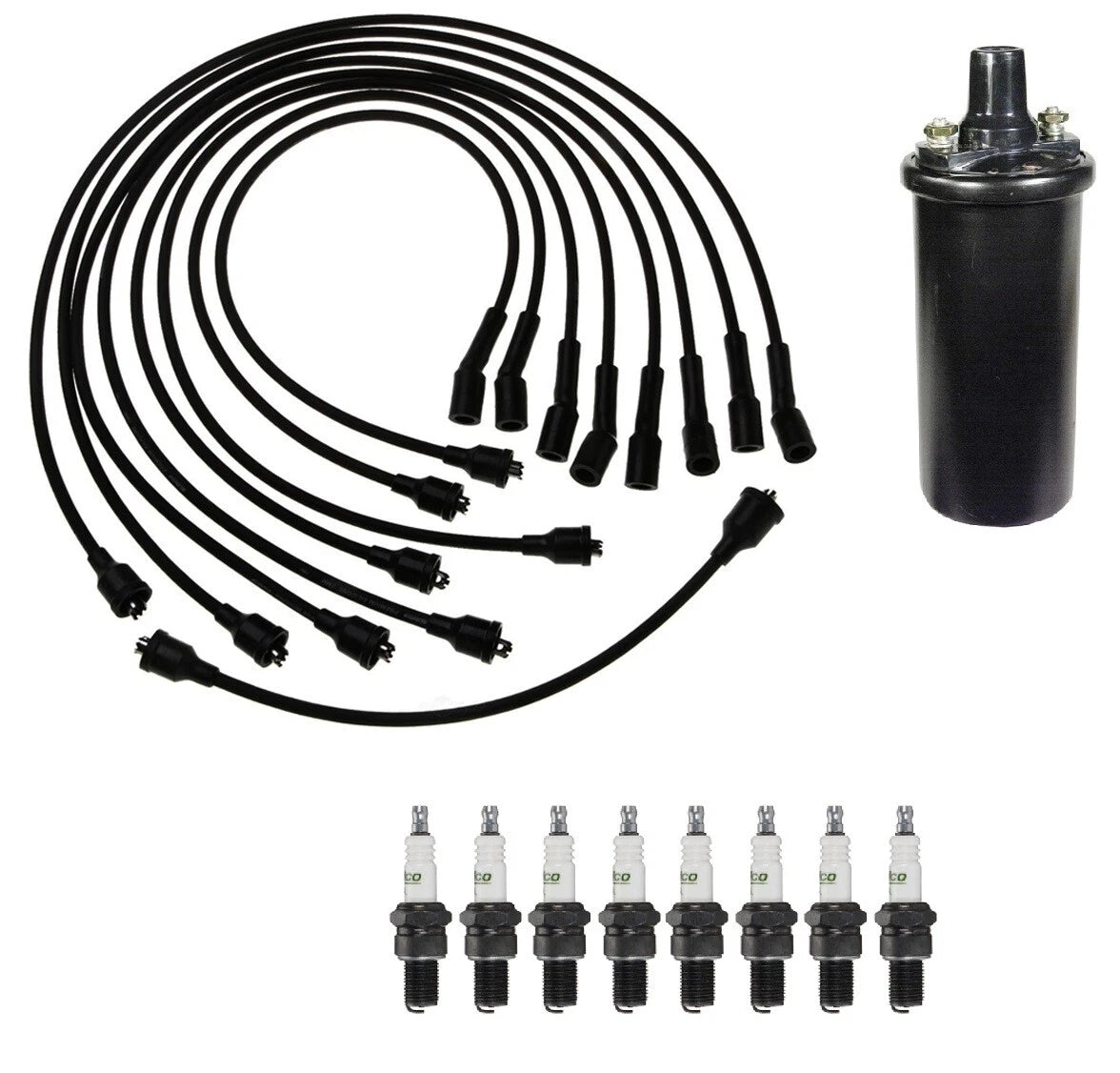 Ignition Wires & 1 Coil 8 Spark Plugs Kit for Chevy Biscayne Camaro Nova (1967–1975)