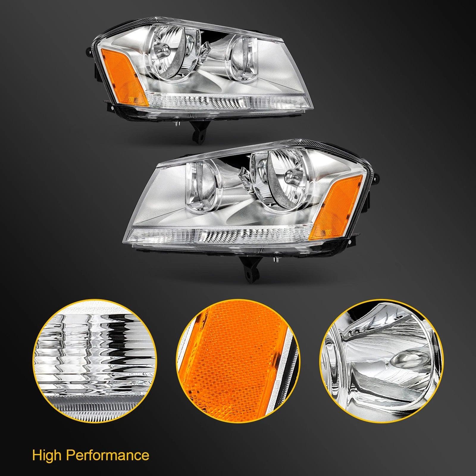 Set of 2 Headlight Assemblies for Dodge Avenger (2008–2014) Chrome Housing
