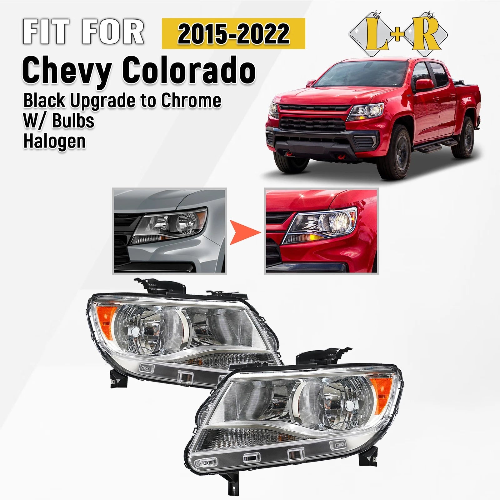 Chrome Halogen Headlights LH + RH Pair for Chevy Colorado (2015–2022)