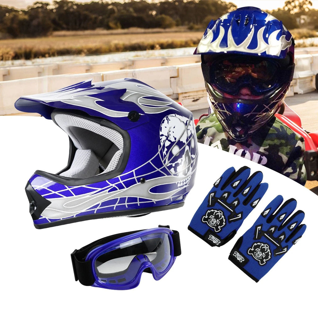 DOT Youth Blue Skull Helmet Goggles Gloves Set for Dirt Bike ATV (S/M/L/XL)