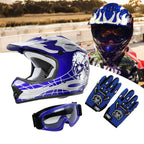 DOT Youth Blue Skull Helmet Goggles Gloves Set for Dirt Bike ATV (S/M/L/XL)