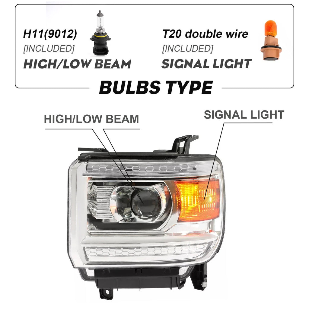Set of 2 Halogen Headlights for GMC Sierra 1500 (2014–2015) 2500HD 3500HD (2015–2019)