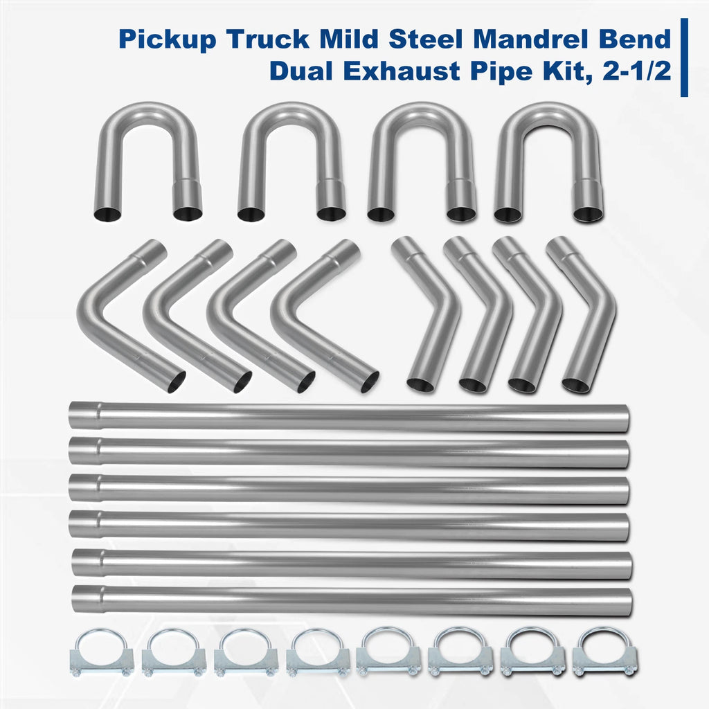 18Pcs 2.5" OD Mild Steel Mandrel U-Bend Exhaust Pipes with Clamps (Fits Various)