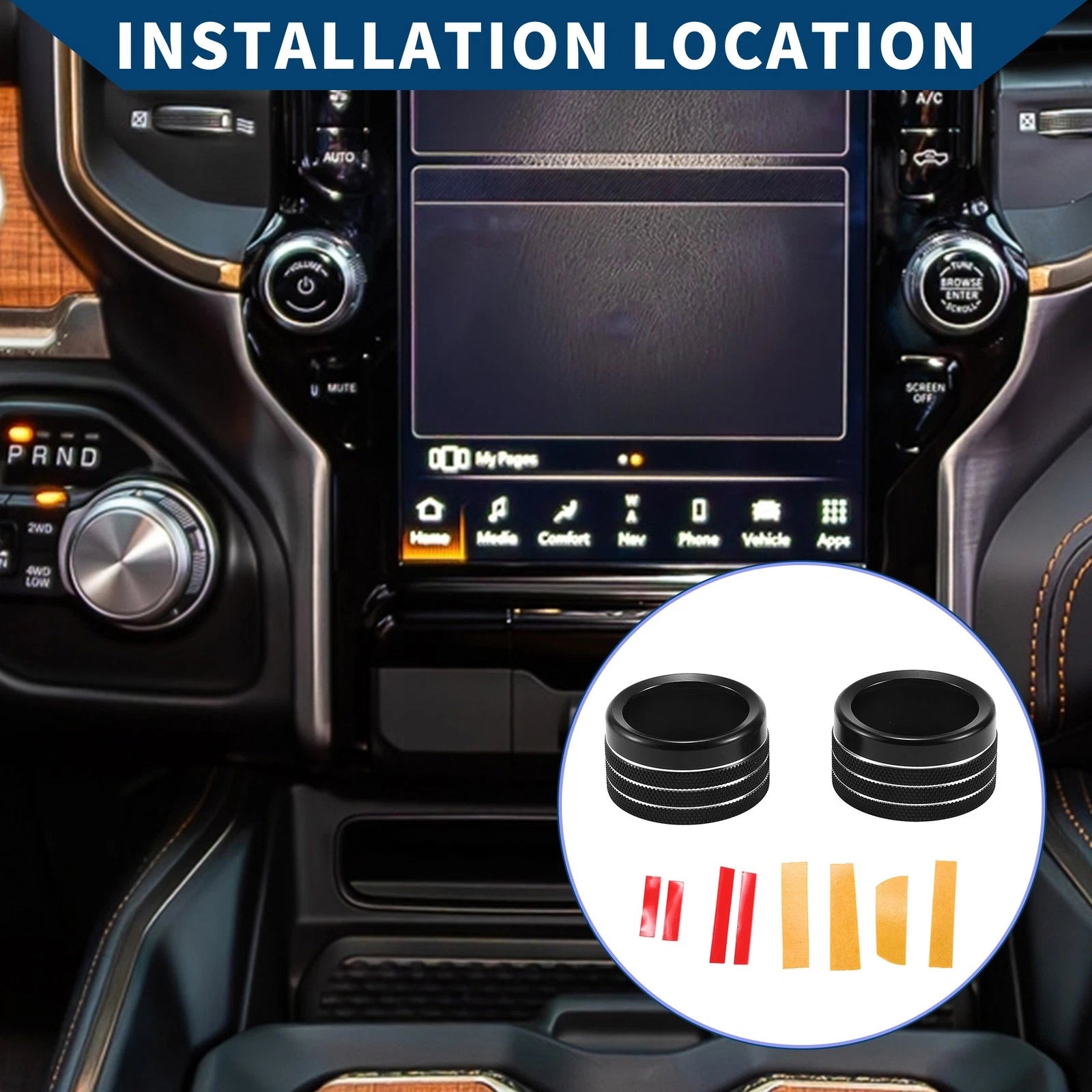 Set of 2 Media Radio Audio Tune Switch Knob Covers for Dodge RAM (2019–2022) Black