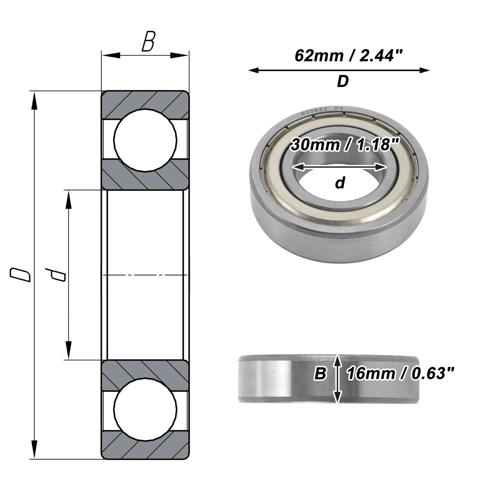 6206ZZ Deep Groove Ball Bearings for Various Models (30x62x16mm)