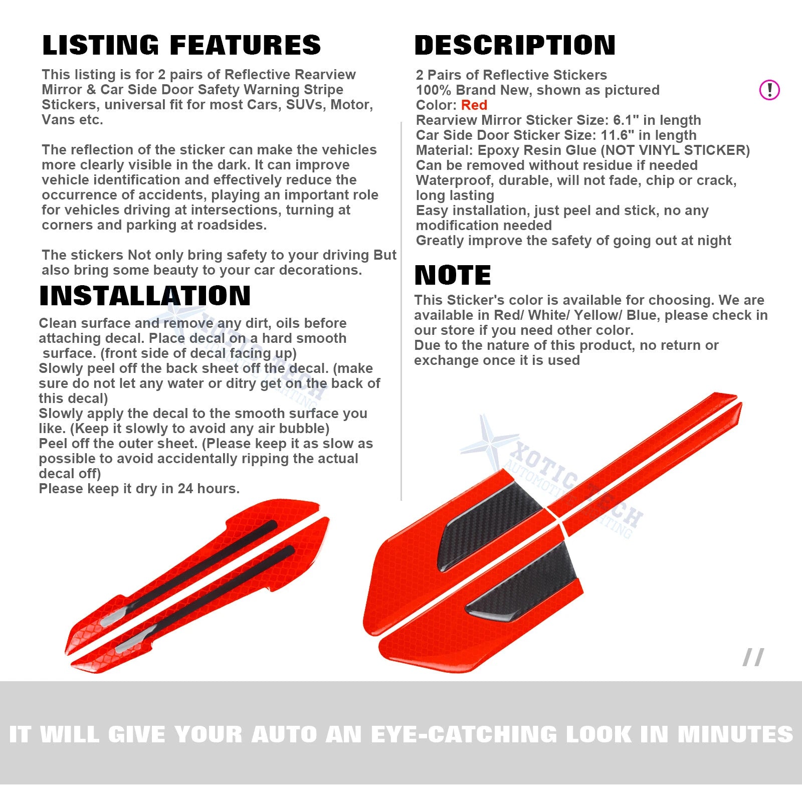 Red Reflective Rearview Mirror and Door Night Warning Stickers for Cars (-)