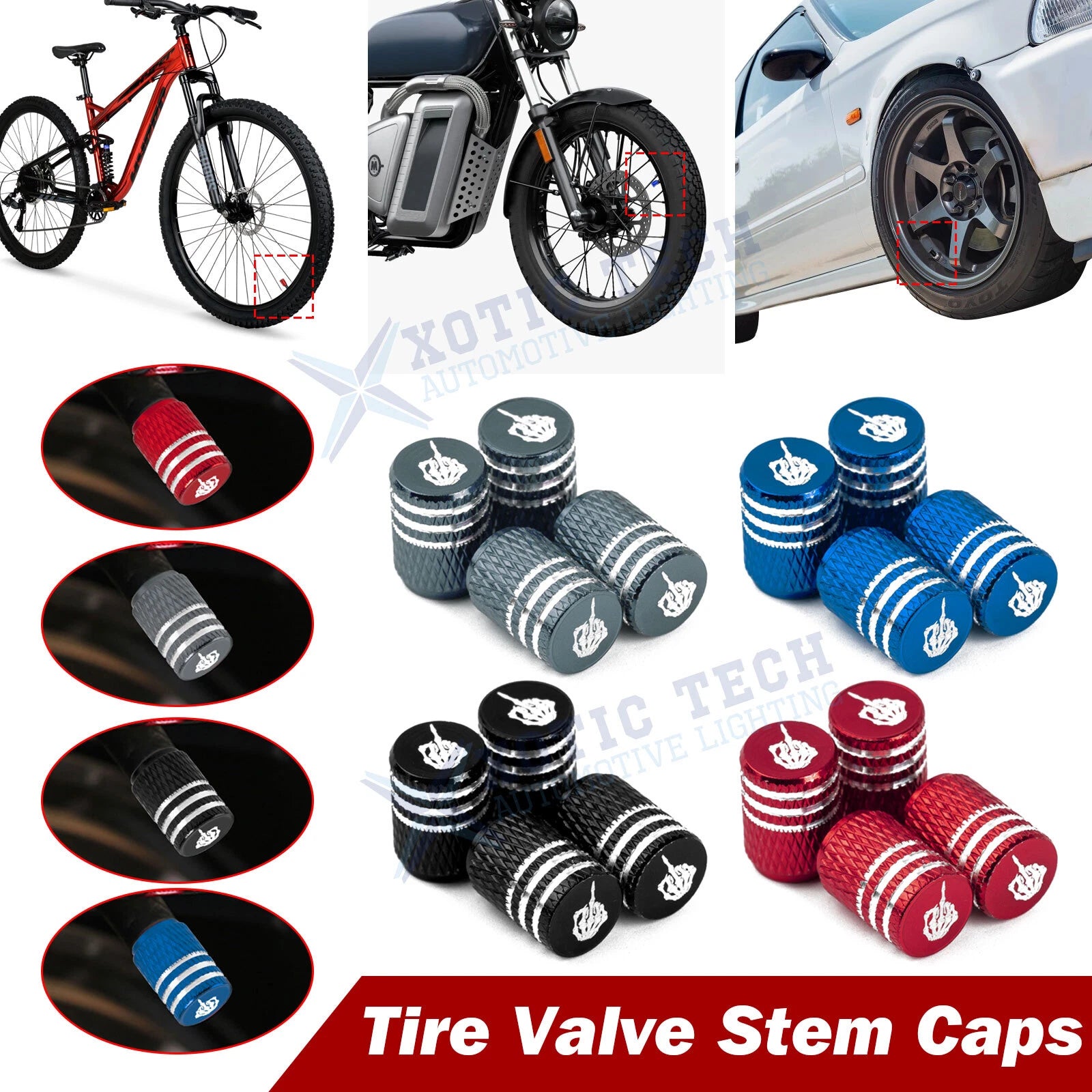 Tire Valve Stem Caps 4-Pack for Universal Cars SUVs Bikes Motorcycles (—)