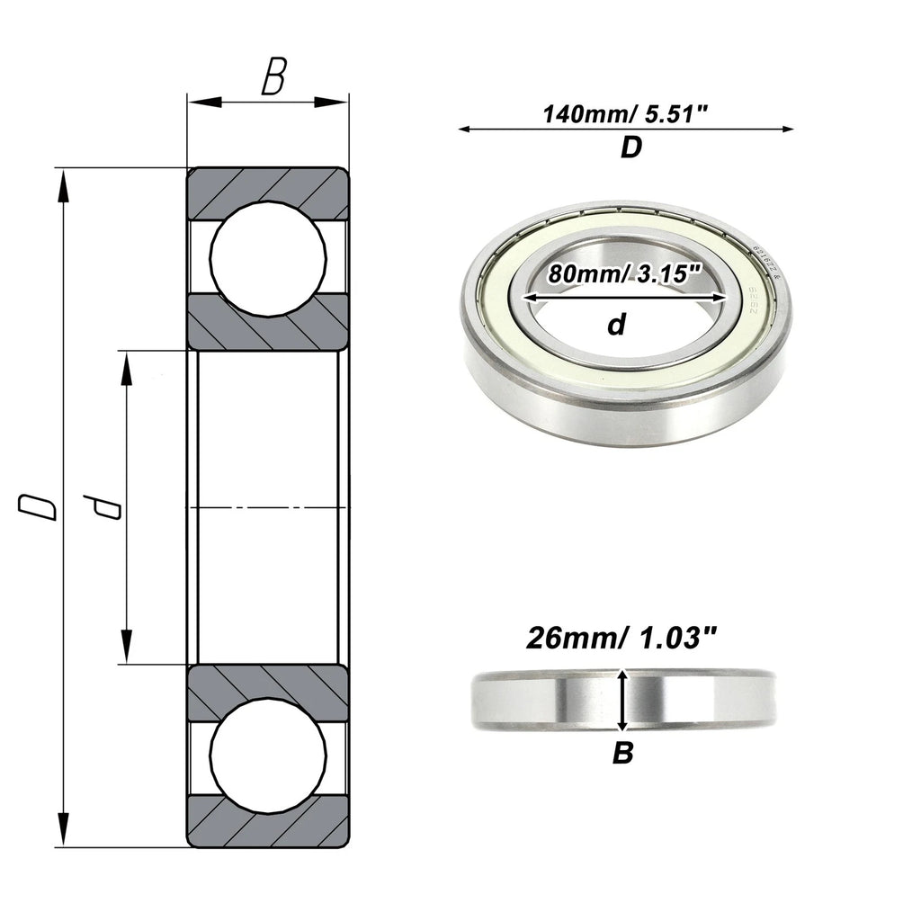Deep Groove Ball Bearing 6216ZZ for Scooter Skateboard Wheel (80x140x26mm)