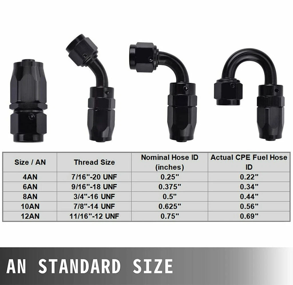 Set of 4 Black 0° Straight Swivel Fuel Oil Hose End Fittings 4AN 6AN 8AN 10AN 12AN