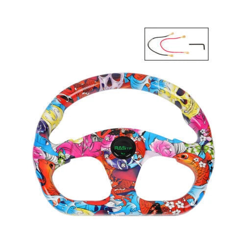 13" Racing Graffiti Pattern Flat Steering Wheel with Horn Button