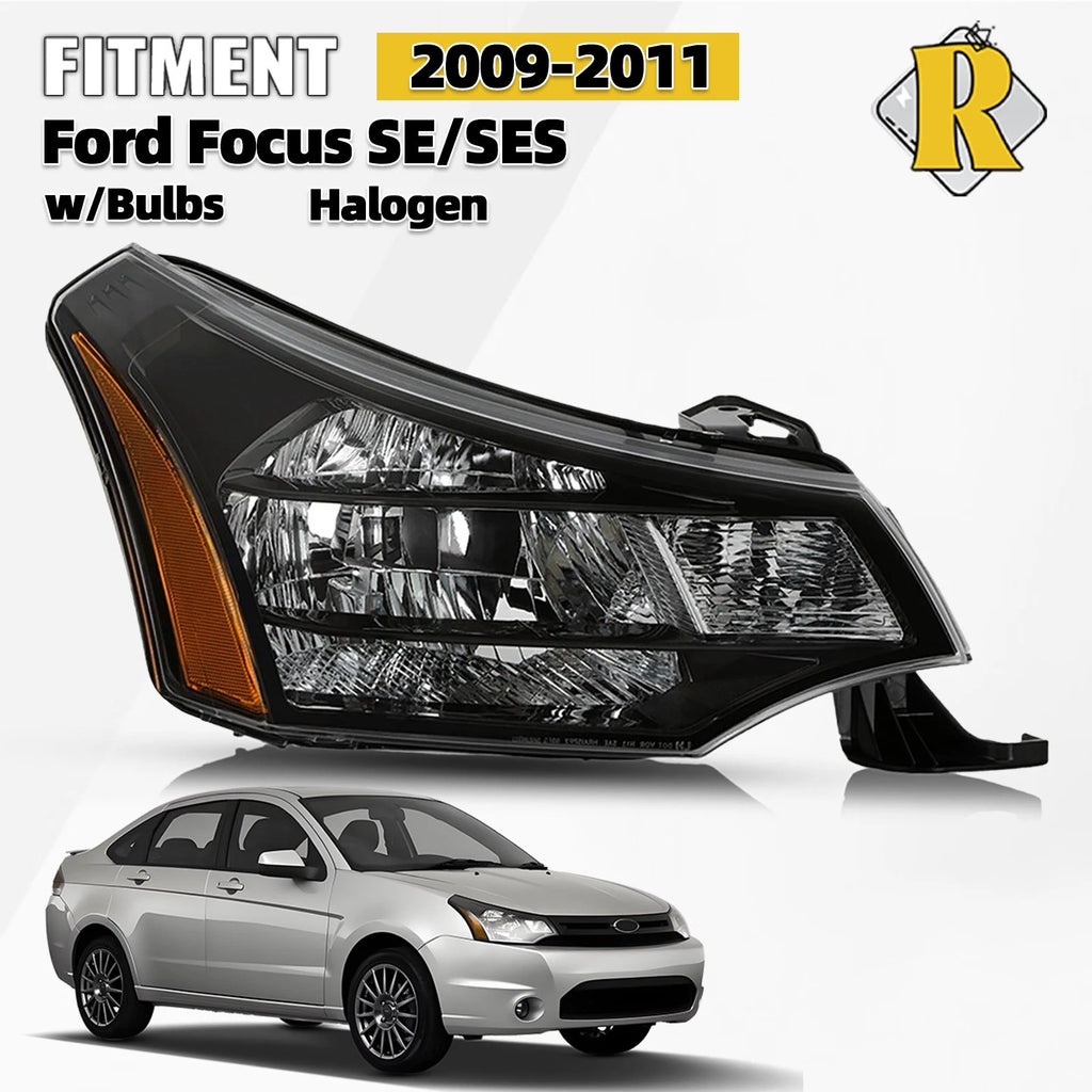 Halogen Headlight for Ford Focus (2009–2011) Black Right Passenger Side
