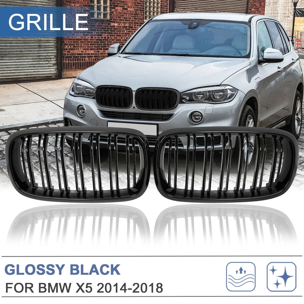 Glossy Black Front Kidney Grill Hood Grille Double Slat for BMW X5 (2014-2018)