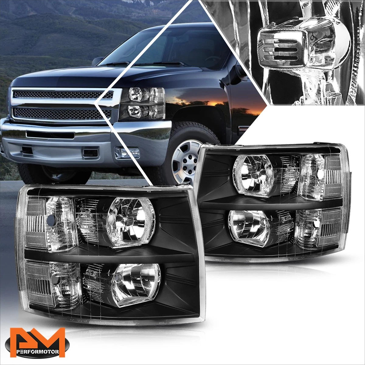Headlight Lamps for Chevy Silverado (2007–2014) Black Housing Clear Corner