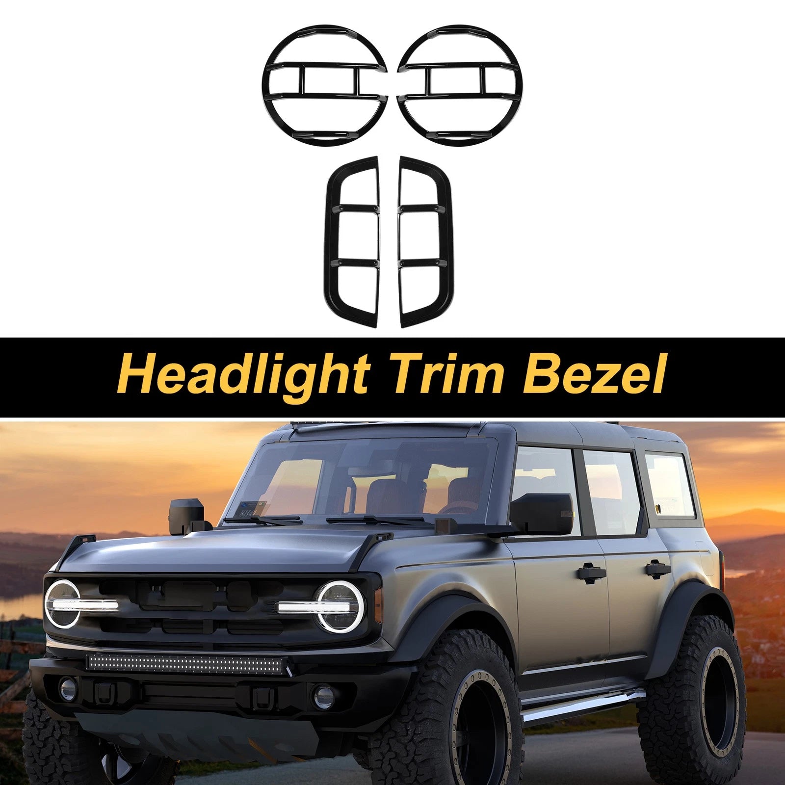Set of 2 Headlight Trim Bezels for Ford Bronco (2021–2023) Gloss Black