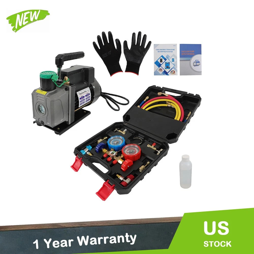 Air Vacuum Pump Manifold Gauge Set for HVAC AC Refrigerant (1/3HP, 4CFM)