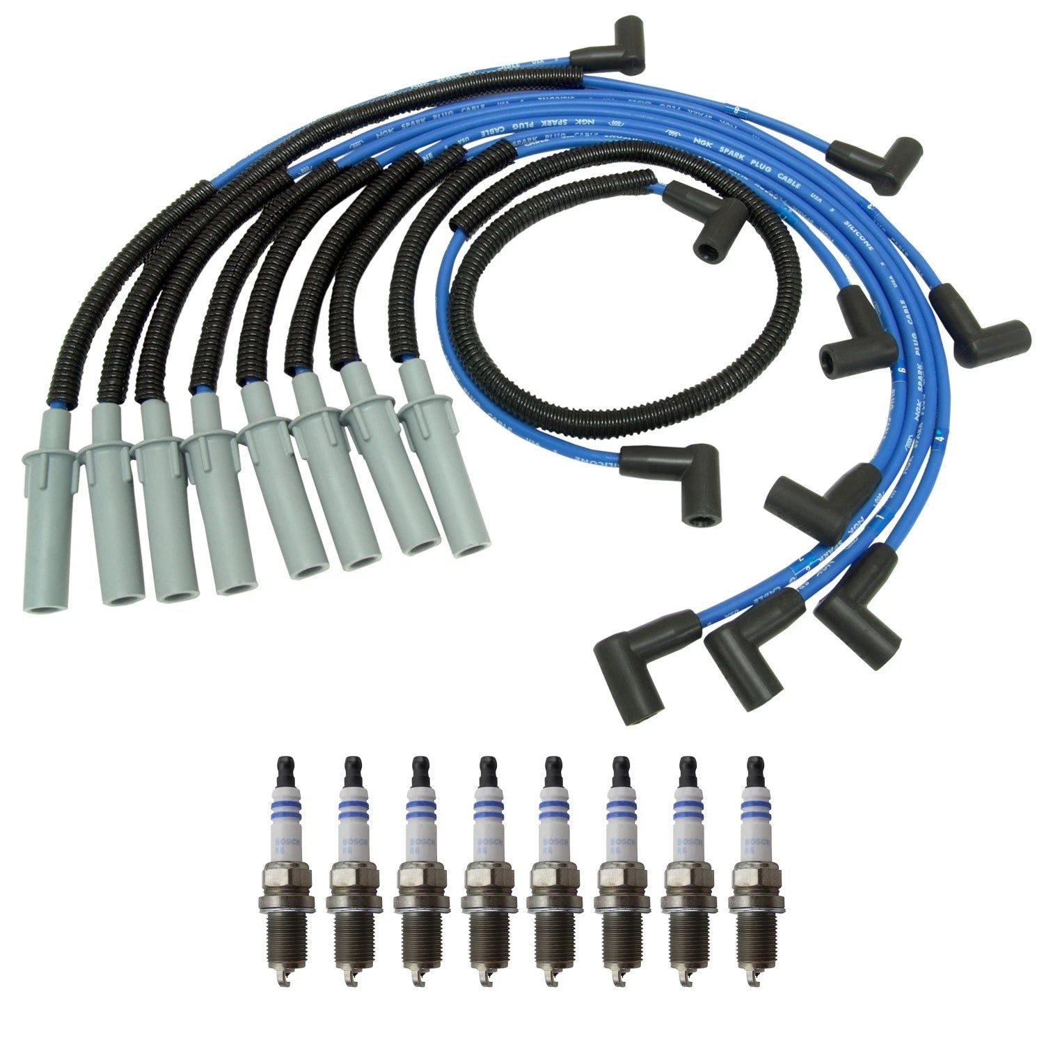 NGK Wire Set & Bosch 8 Wire Platinum Spark Plugs for Ram 1500 2500 (1994–2023)