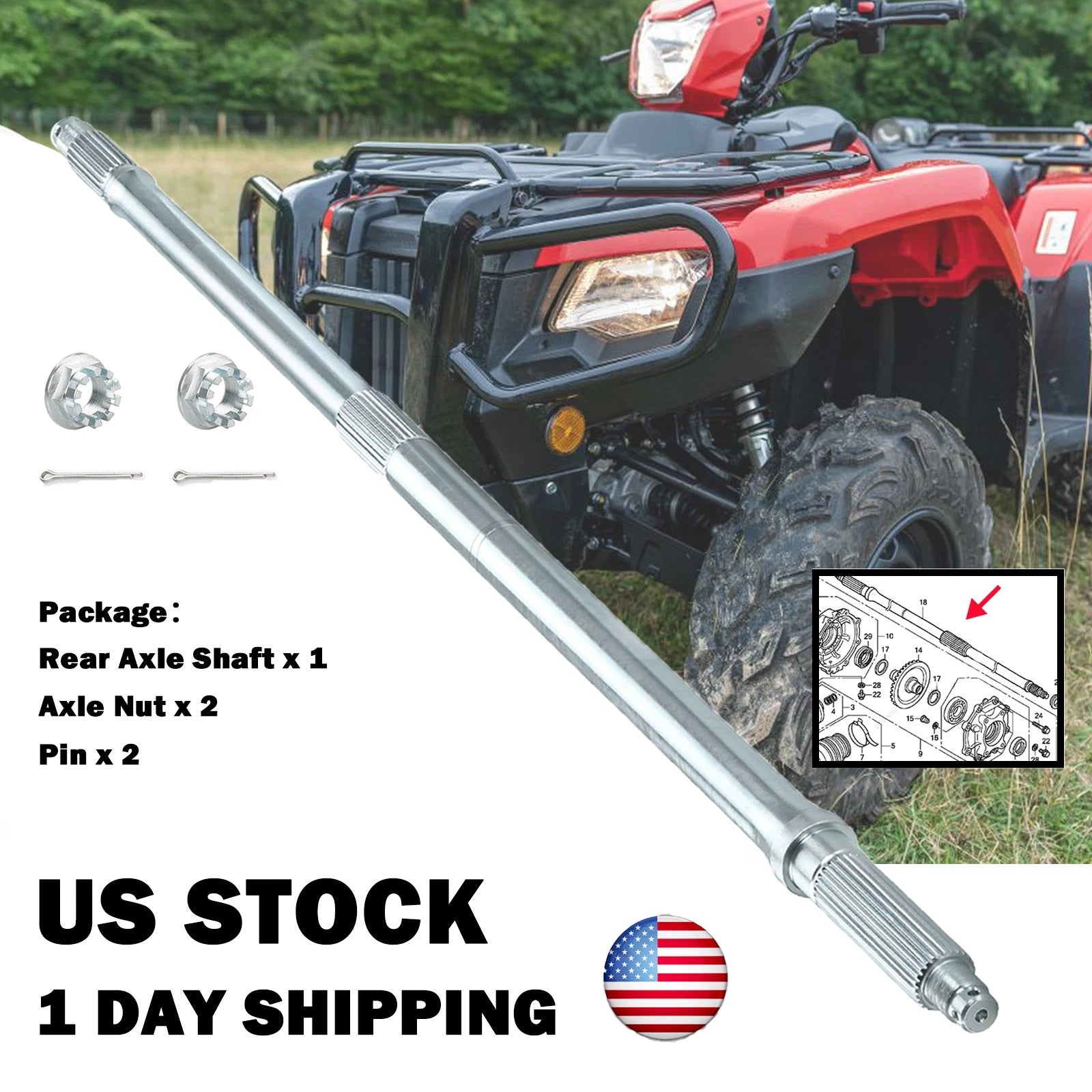 Rear Axle Shaft w/ Nuts for Honda Rancher 420 TRX420TE (2014–2024)