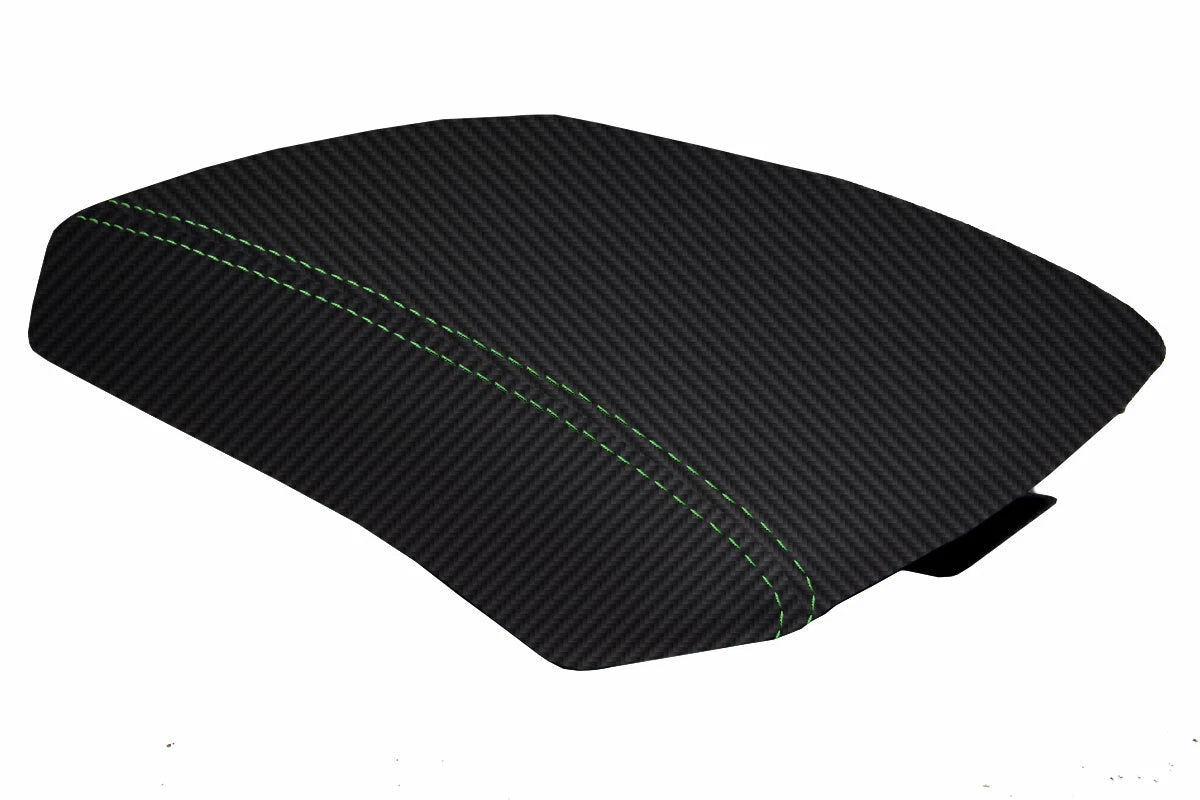 Console Lid Armrest Cover for Nissan Xterra (2005–2015) Carbon Fiber Green Stitch