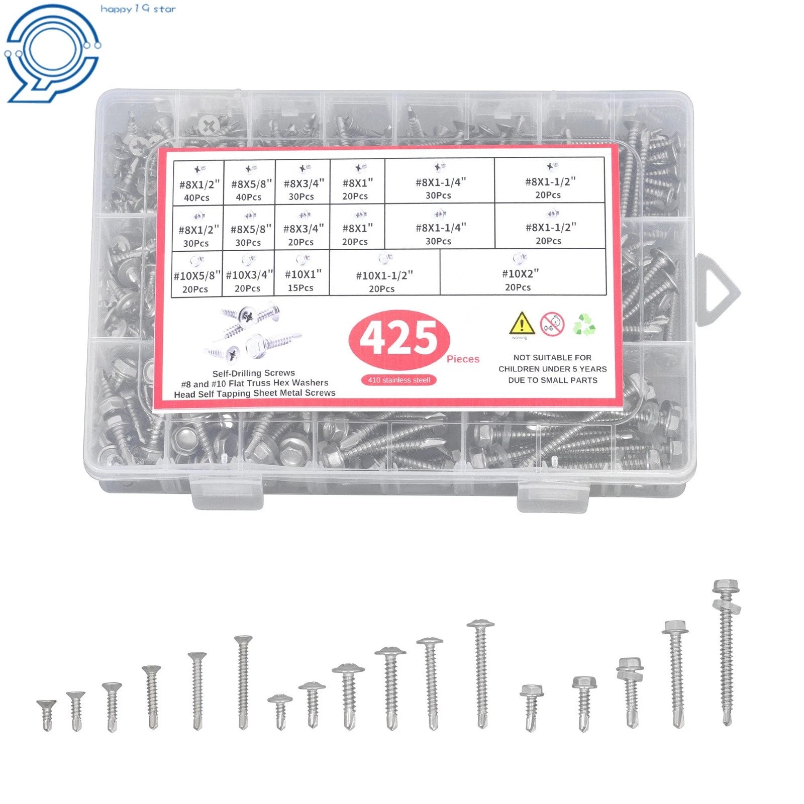 Set of 425 Self-Drilling Screws #8 #10 for Automotive Use