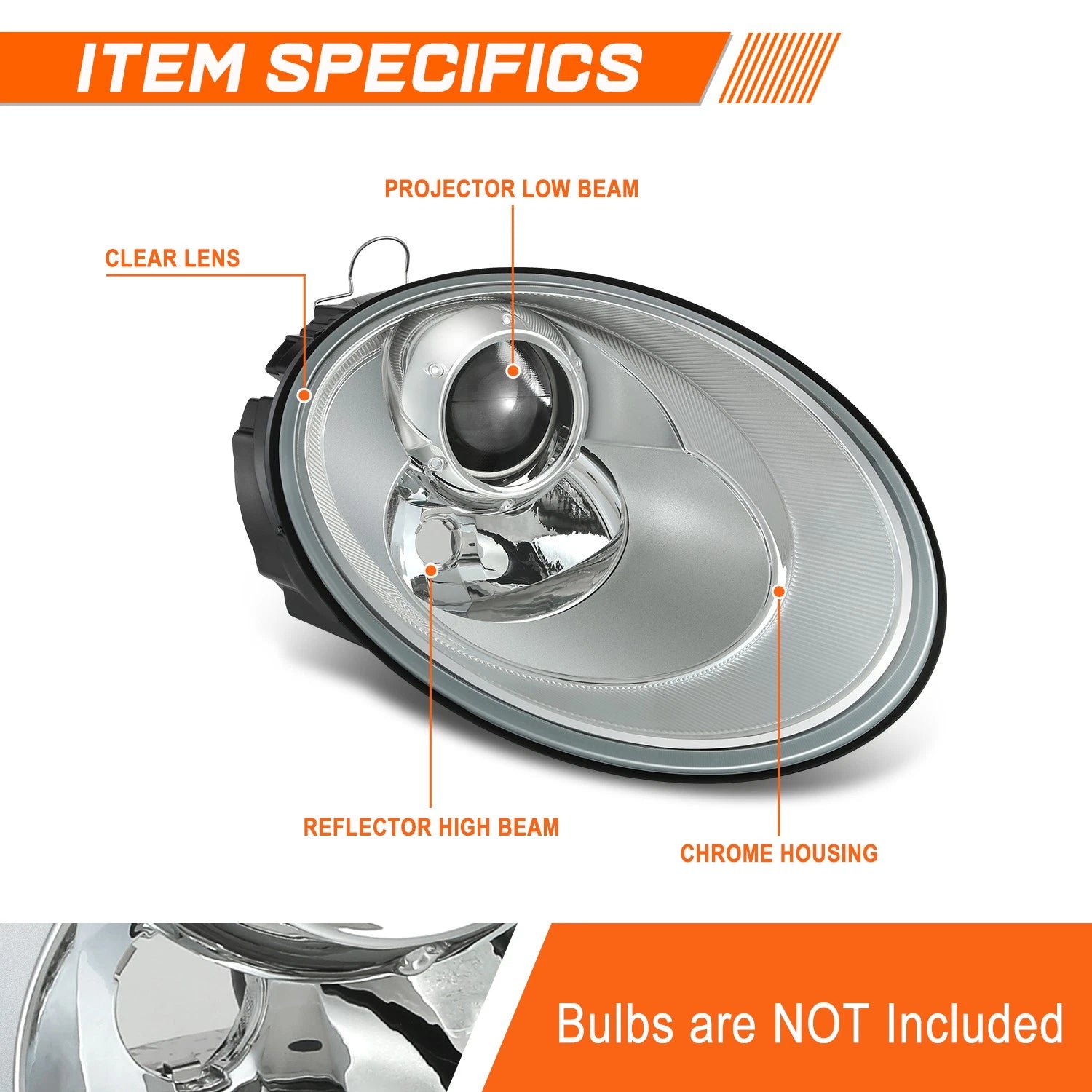 Passenger Side Chrome Projector Headlight Lamp for Volkswagen Beetle (2006–2011)