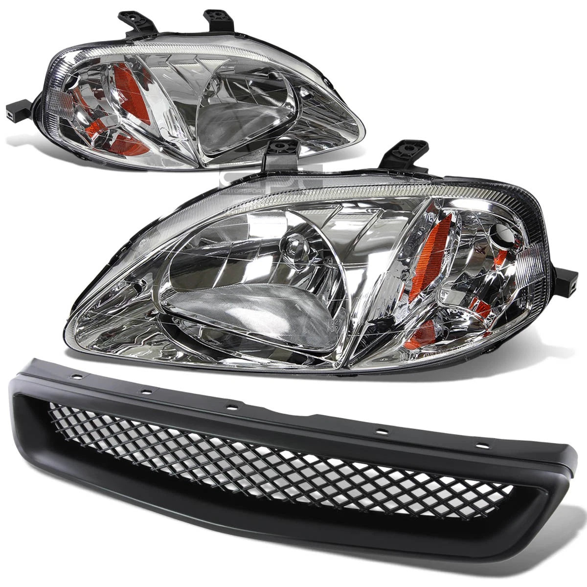 Front Grill & Headlights for Honda Civic (1999–2000) - Black/Chrome, Amber Reflector