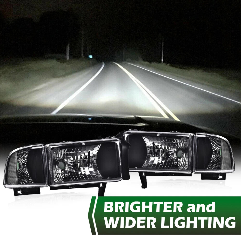 Clear Corner Black Headlights Assembly for Dodge Ram 1500 2500 3500 (1994–2002)