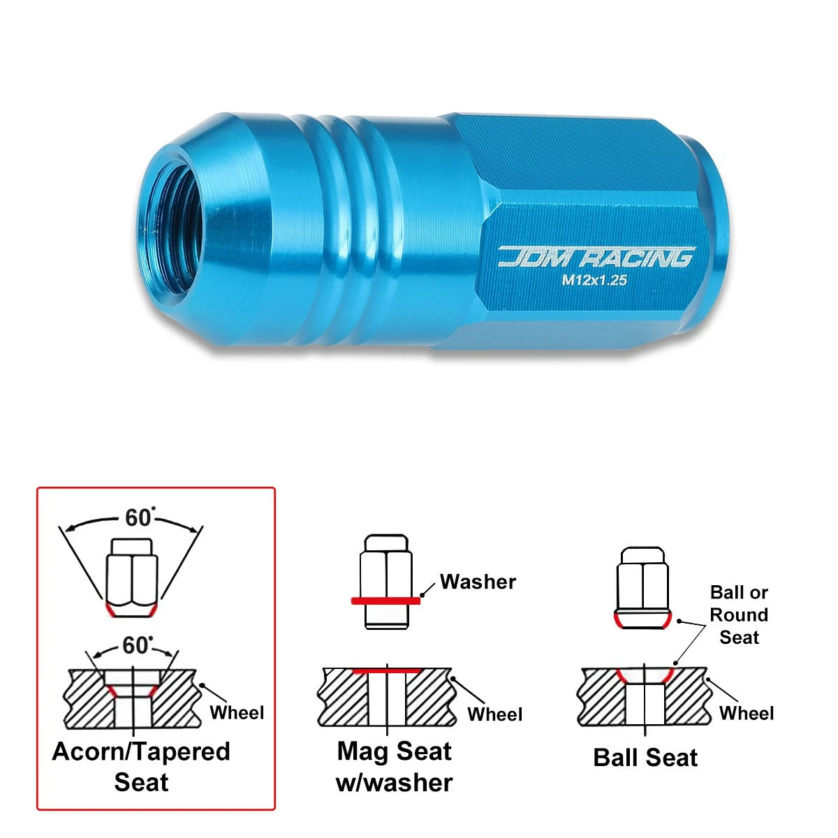 20Pc M12X1.25 Sky Blue JDM Closed End Cone Wheel Lug Nuts + Extension 20mm
