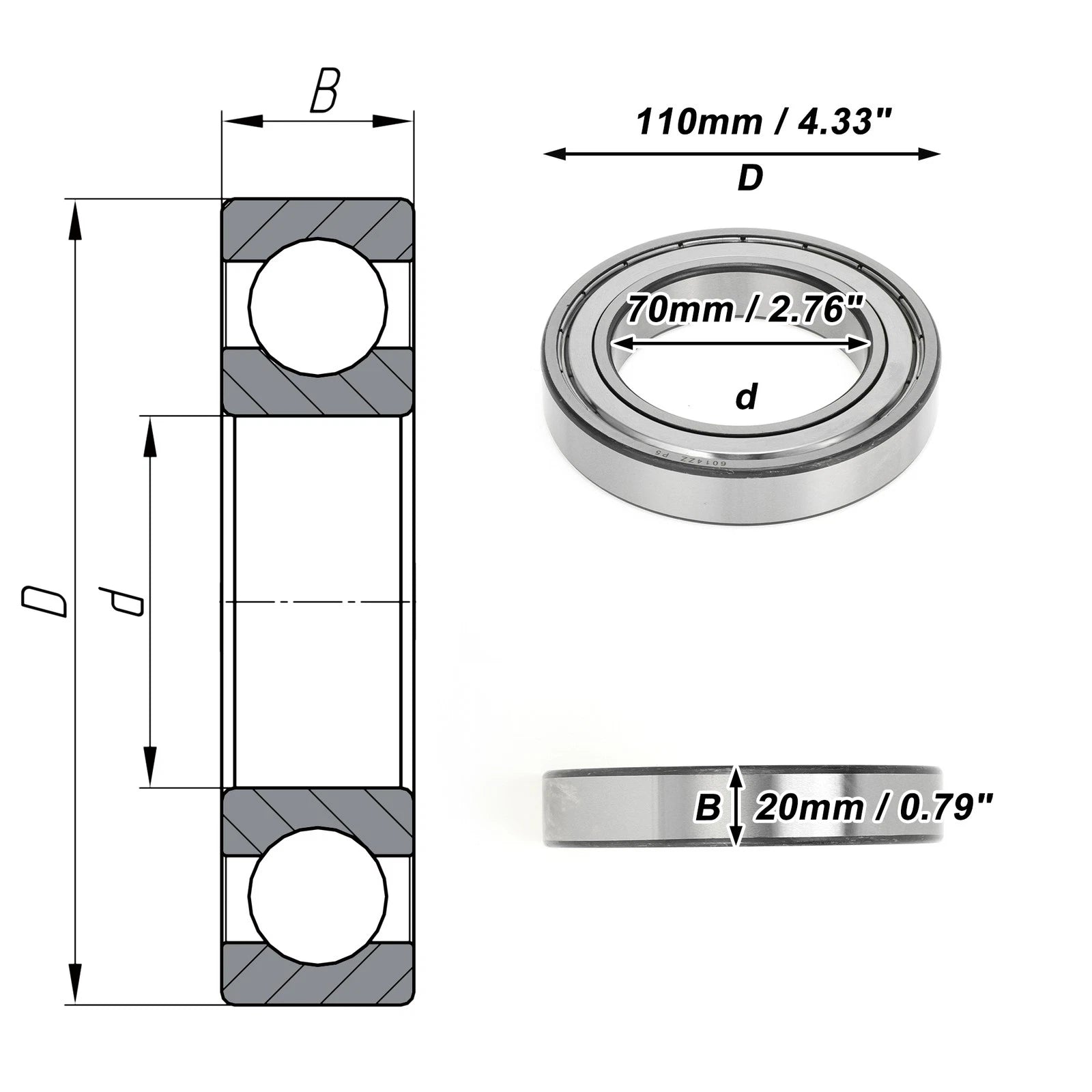 Deep Groove Ball Bearing 6014ZZ for Scooter Skateboard Wheel (70x110x20mm)