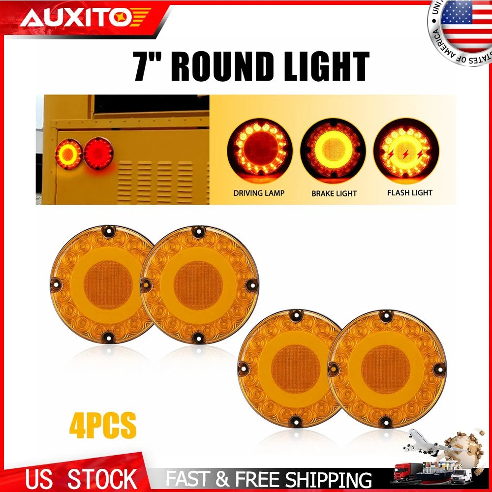 Set of 4 7" Round Amber 36 LED Truck Trailer Brake Lights Waterproof