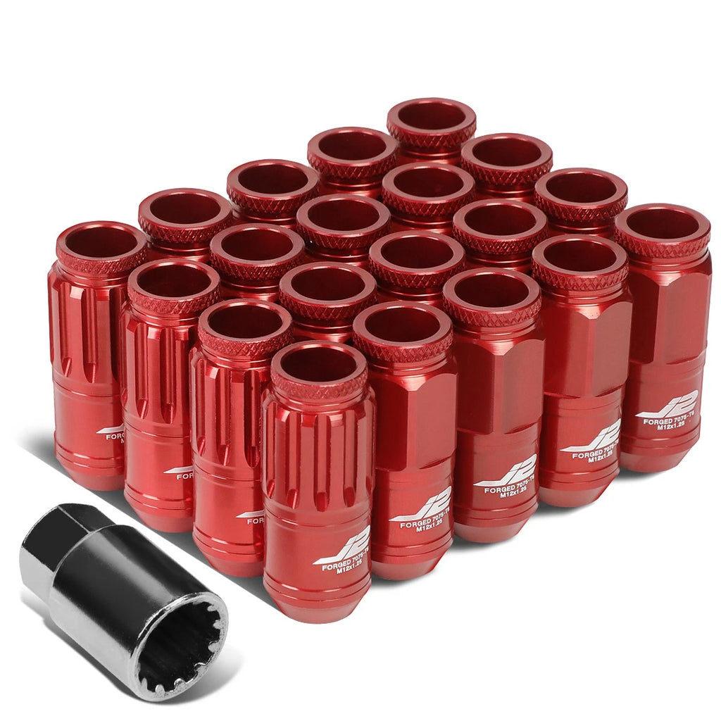 Set of 16 J2 7075 Forged Aluminum M12x1.25 Open-End Lug Nuts w/4 Lock+Key Red for
