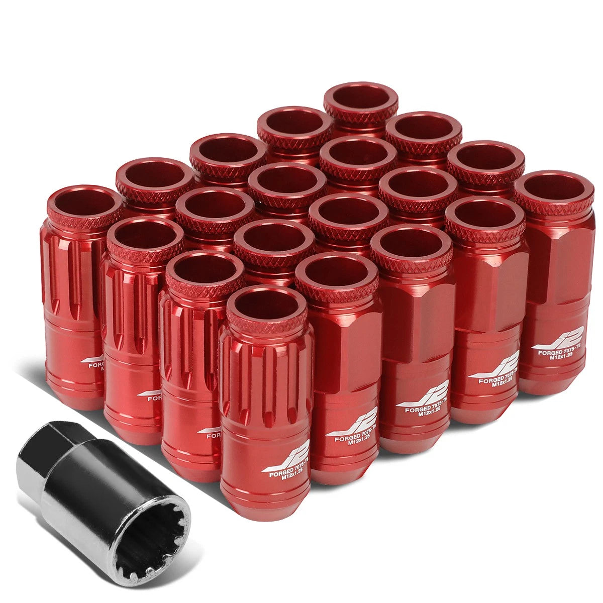 Set of 16 J2 7075 Forged Aluminum M12x1.25 Open-End Lug Nuts w/4 Lock+Key Red for