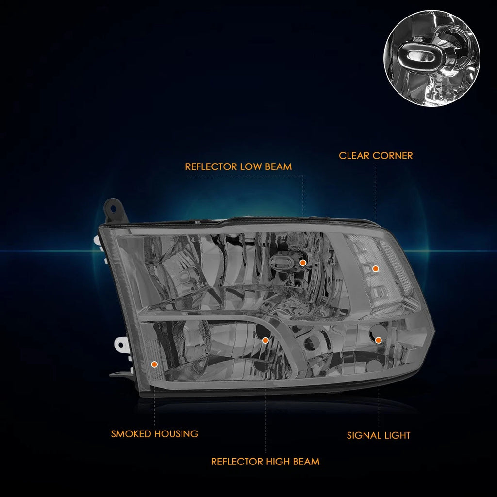 Headlight Assembly Set of 2 for Dodge Ram 1500-3500 (2009–2012) Smoked/Clear