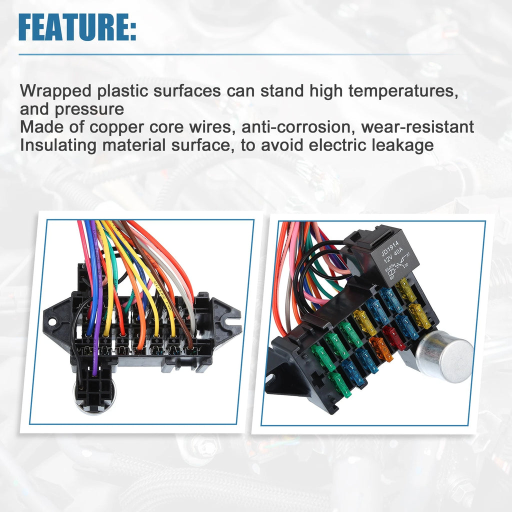 Set of 1 Universal 14 Circuit Wiring Harness Kit with Fuses for GM, Ford
