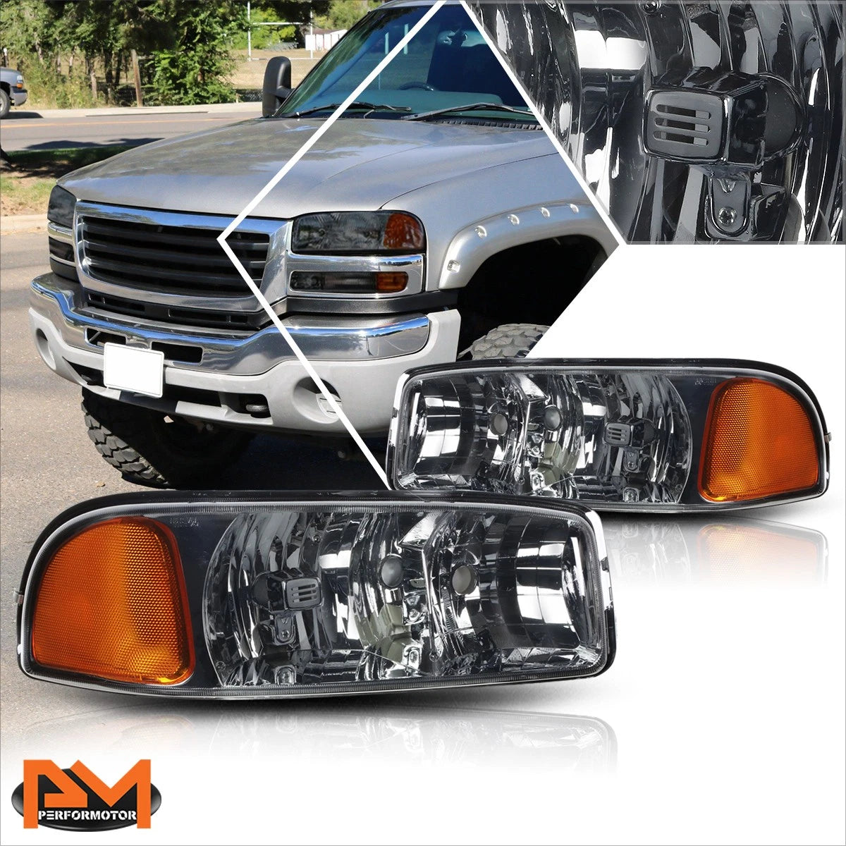Upper Smoked Housing Headlight & Amber Side Corner Lamp for GMC Sierra/Yukon (1999–2007)