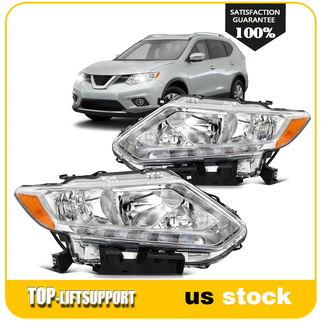 Set of 2 Headlight Assemblies for Nissan Rogue (2014–2016) Chrome Amber