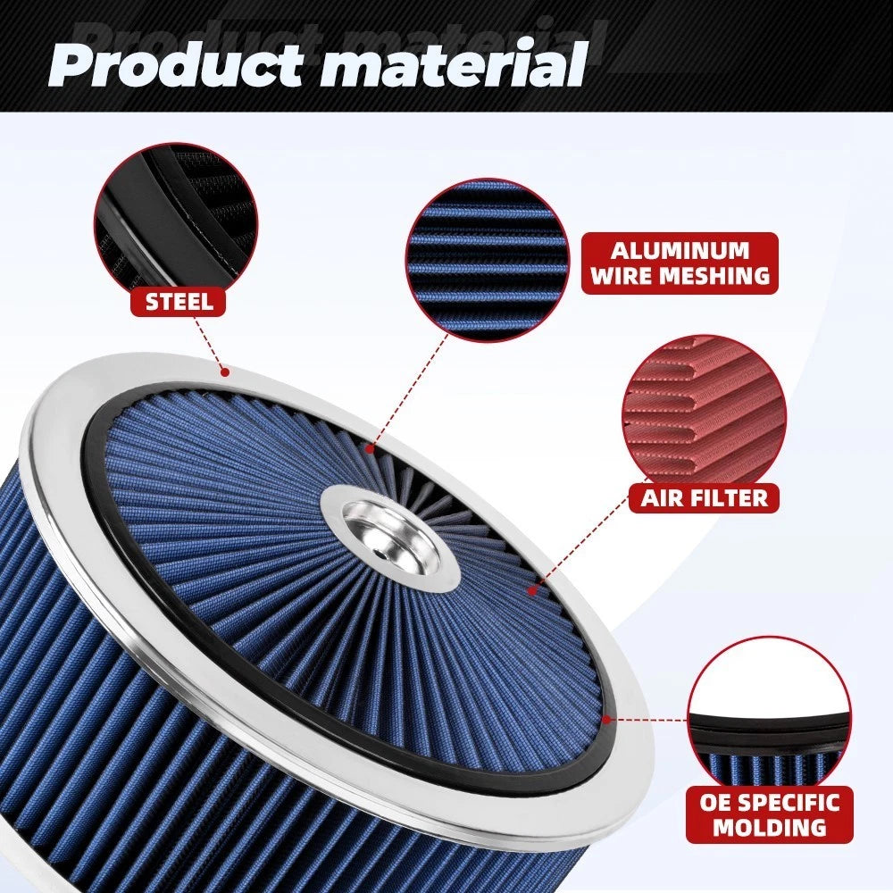 14" Blue Round Deep Dish Air Cleaner Kit for Automotive (Washable Filter, Chrome Lid)
