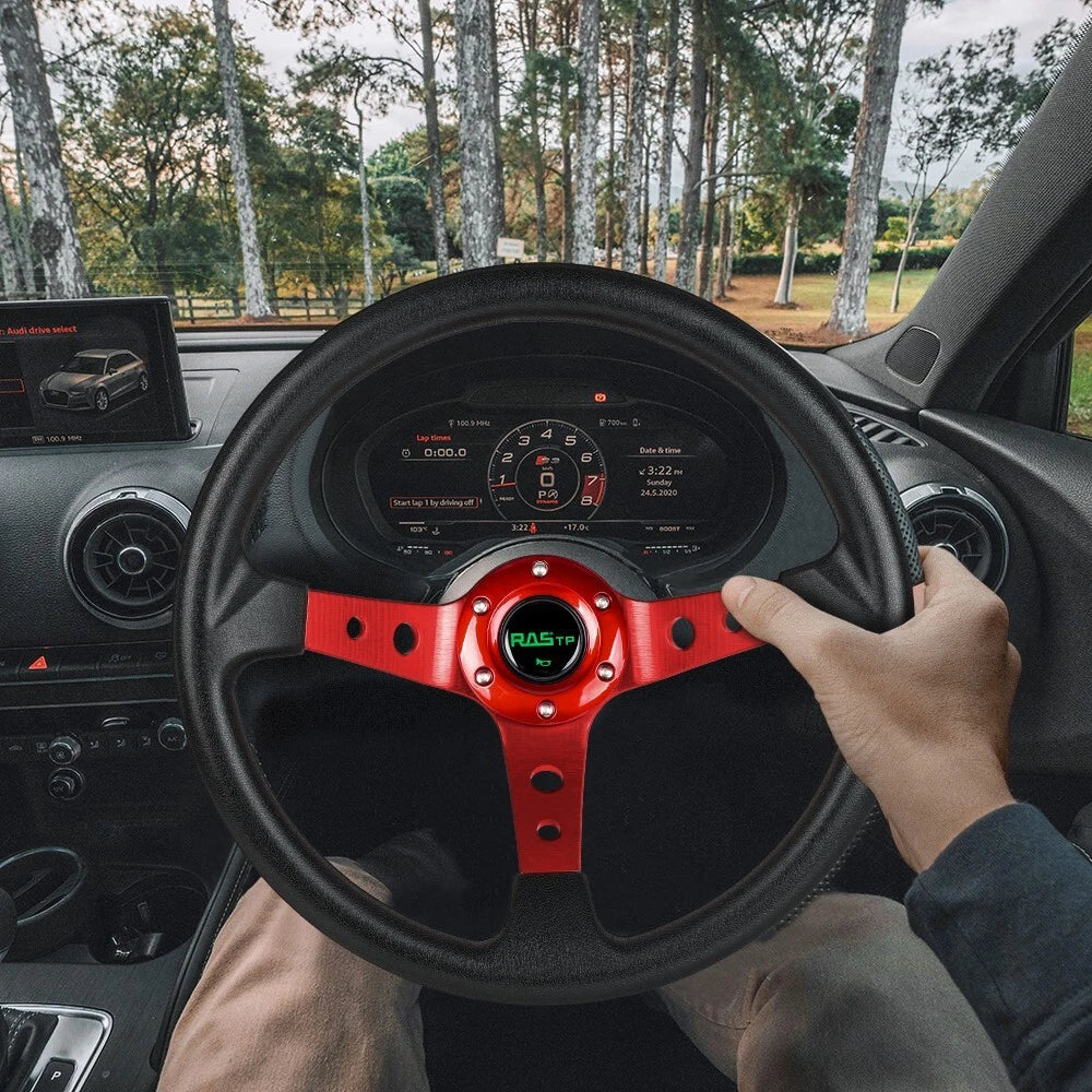 14" Deep Dish Racing Steering Wheel for Universal Fit (Aluminum, Red)