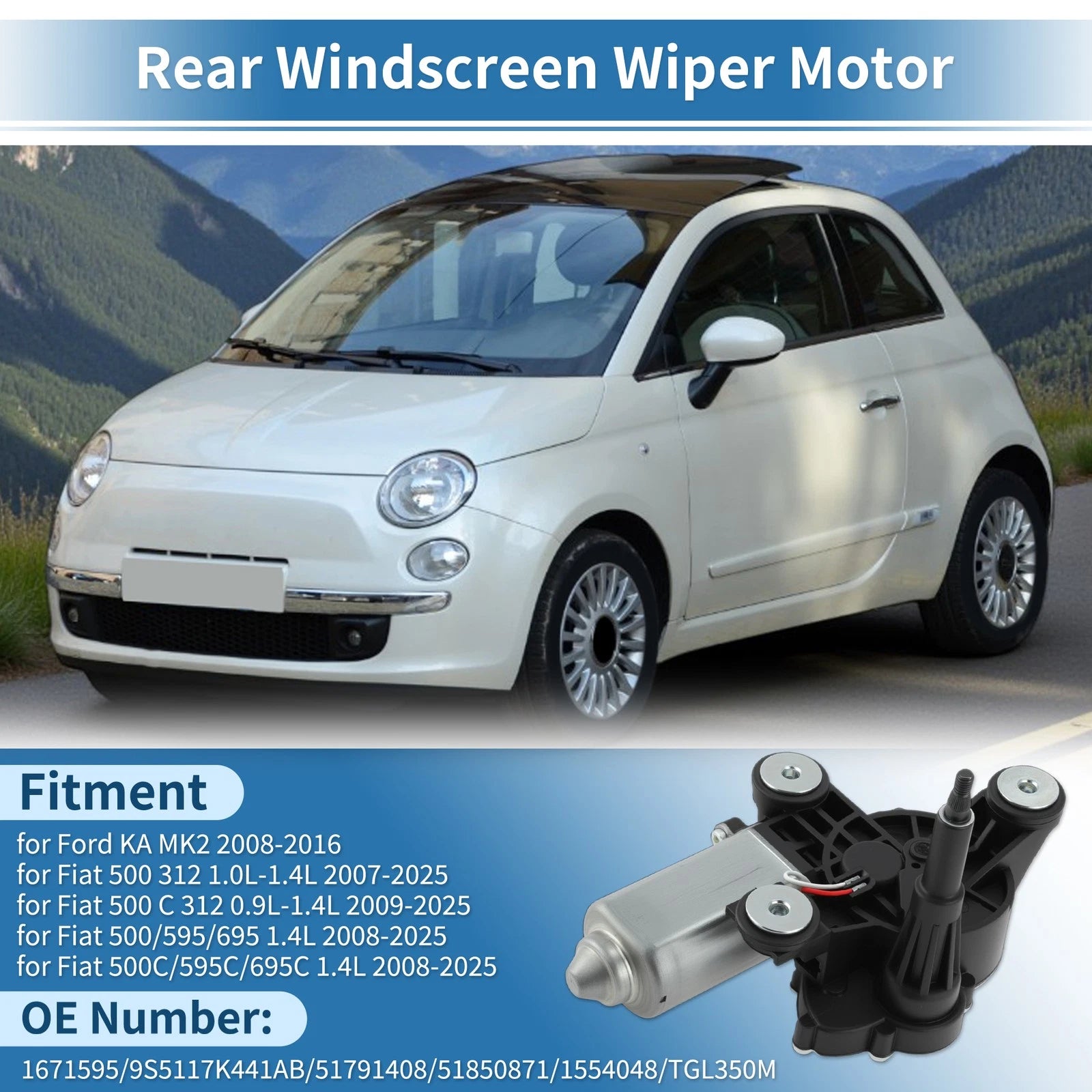 Rear Windscreen Wiper Motor for Ford KA (2008–2016), Fiat 500 (2007–2025) 3 Pin