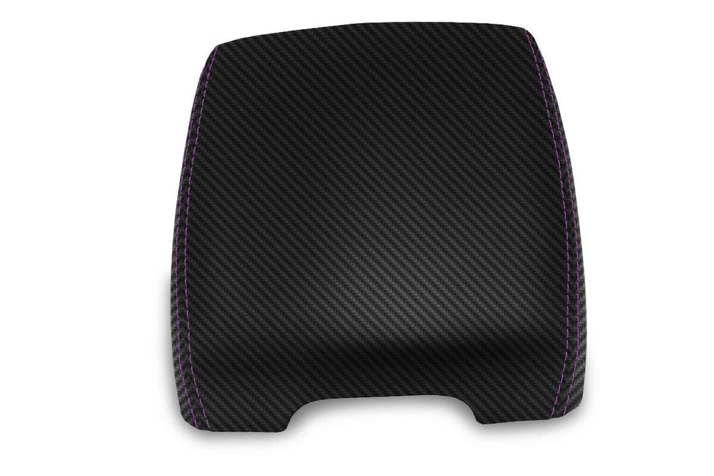 Console Lid Armrest Cover for Infiniti FX35 (2009–2012) Carbon Fiber Purple Stitch