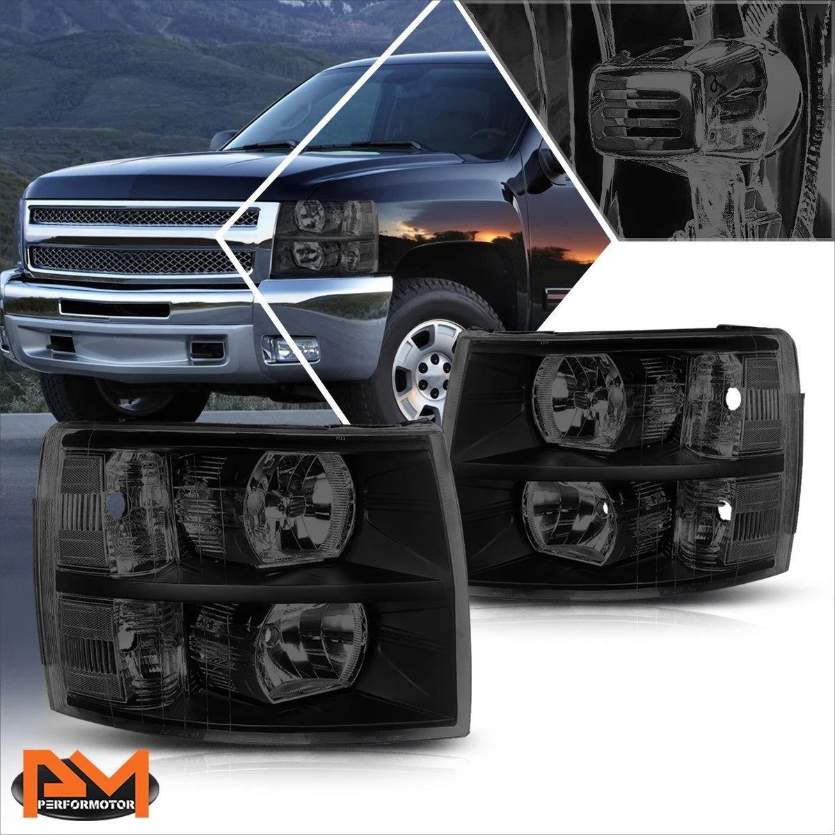 Headlight Replacement for Chevy Silverado (2007–2014) Smoked Housing Clear Corner
