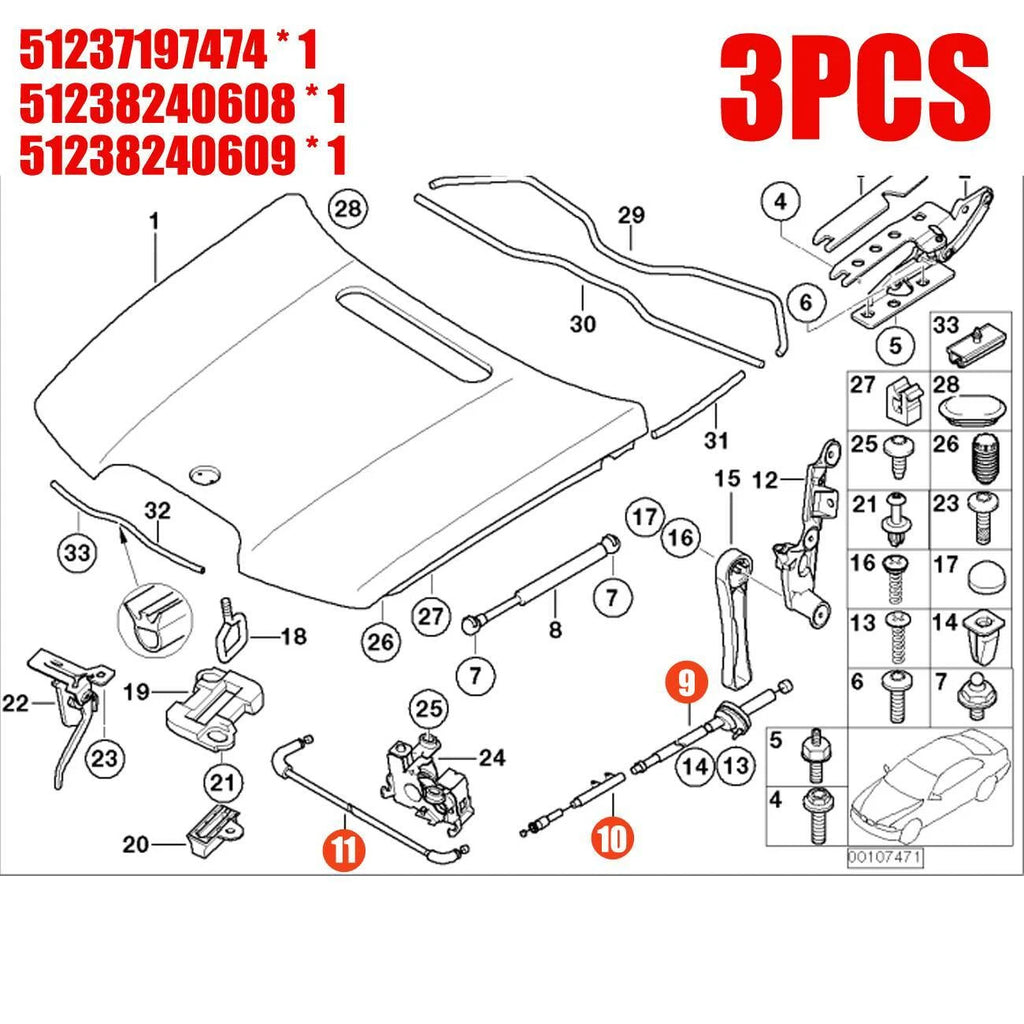 3X Engine Hood Release Cable Kit for BMW 7 Series (E65 E66)
