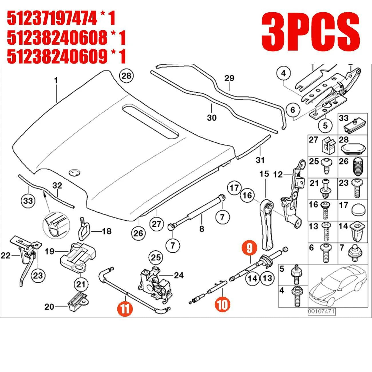 3X Engine Hood Release Cable Kit for BMW 7 Series (E65 E66)