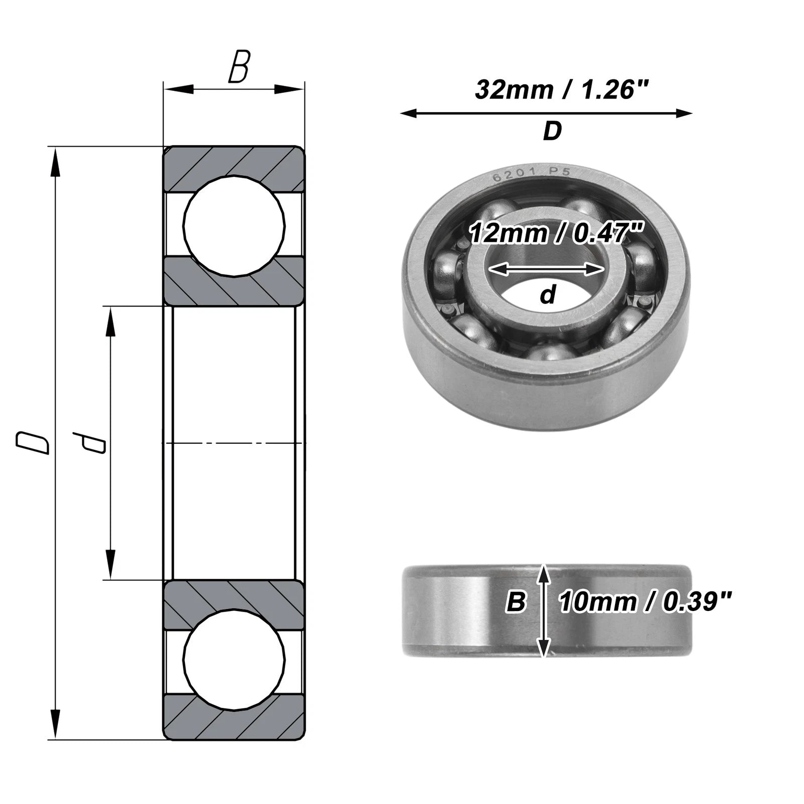 6201 Deep Groove Ball Bearing for Scooter Skateboard Wheel (12x32x10mm)