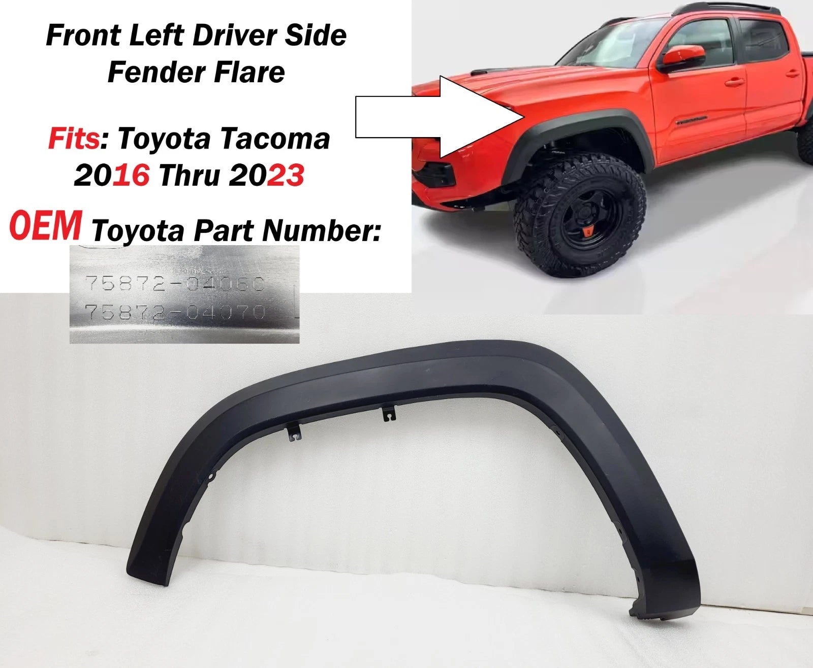 Front Left Fender Flare Wheel Arch Molding for Toyota Tacoma (2016–2023) 7587204070