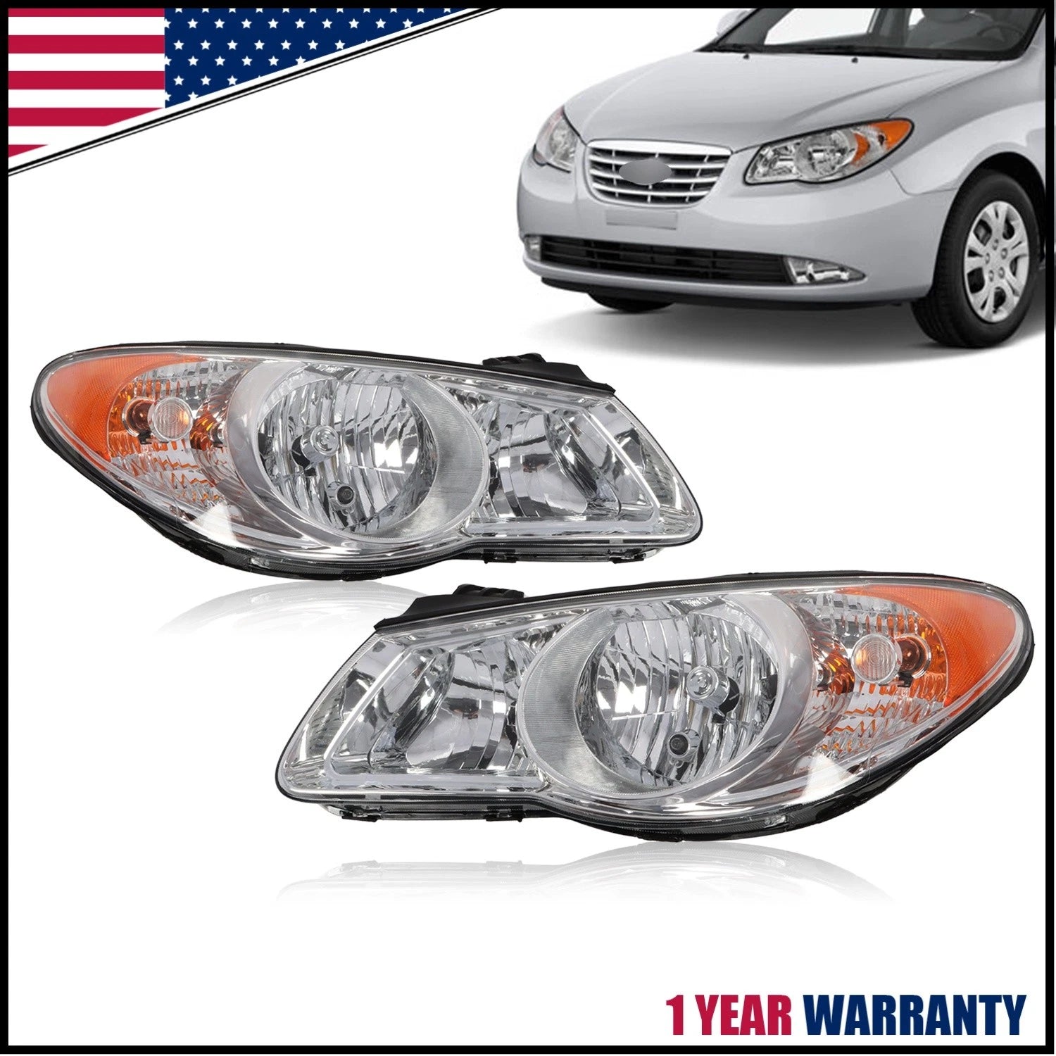 Set of 2 Halogen Headlights Assembly for Hyundai Elantra (2007–2010)
