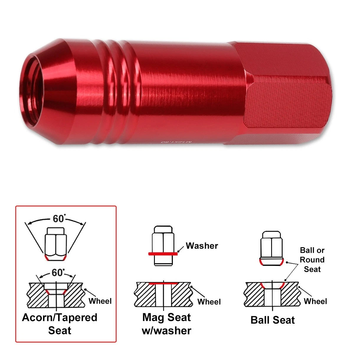 Set of 20 M12X1.5 Red JDM Open End Conical Wheel Lug Nuts + 20mm Extension