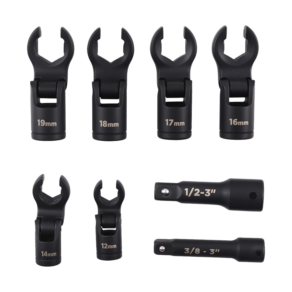 Set of 8 Flex Head Flare Nut Wrenches for Automotive Repair